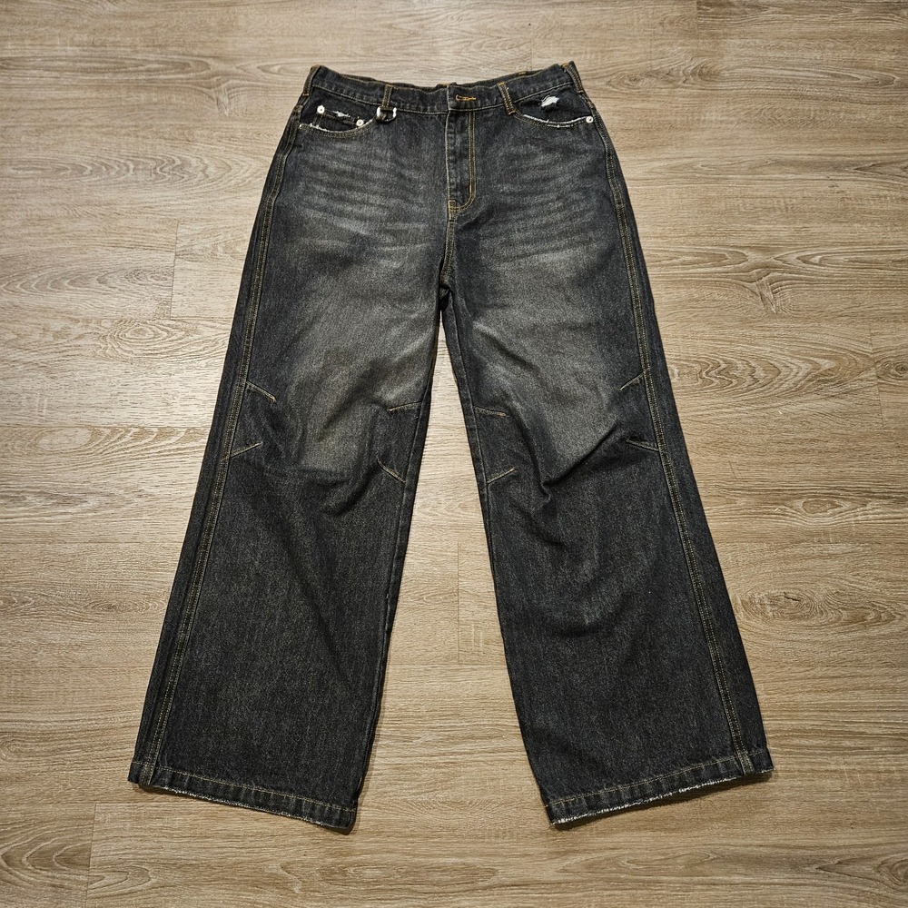DITCH Jeans Mens 32x30 Black Distressed Baggy Wide Leg Y2K Skate Denim